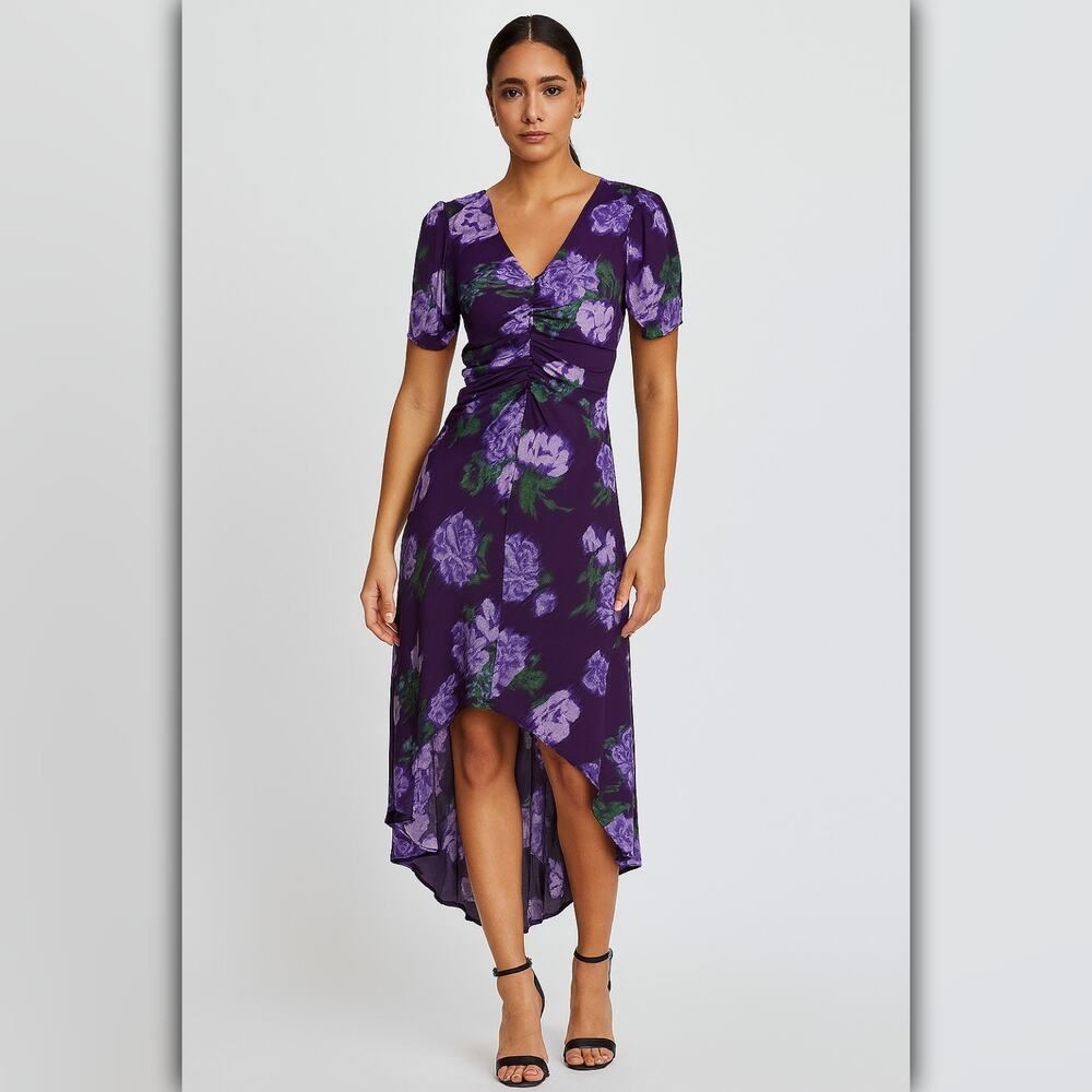 A024-B β’ Purple Floral Ruched Midi Dress with High-Low Hem